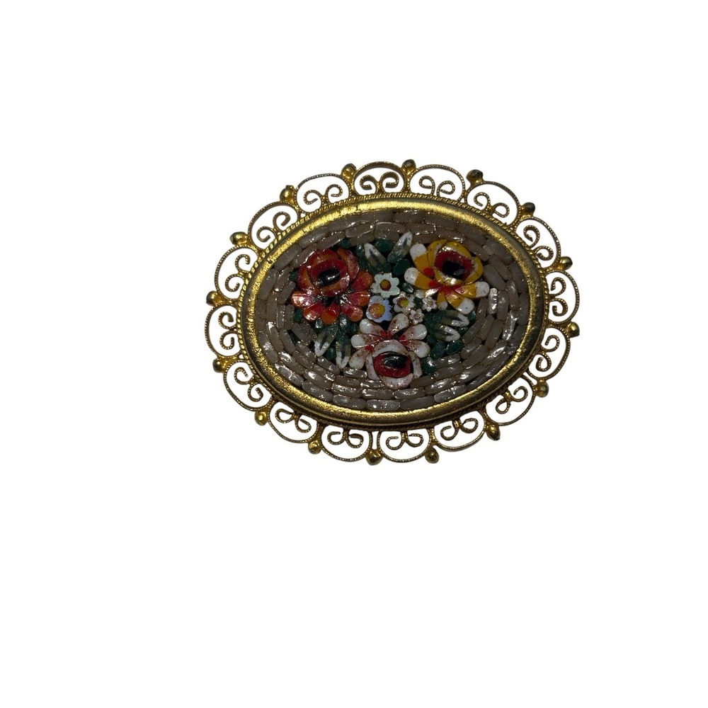 Vintage Italian Gold Tone Ornate Frame Floral Bouquet Micro Mosaic Brooch Pin